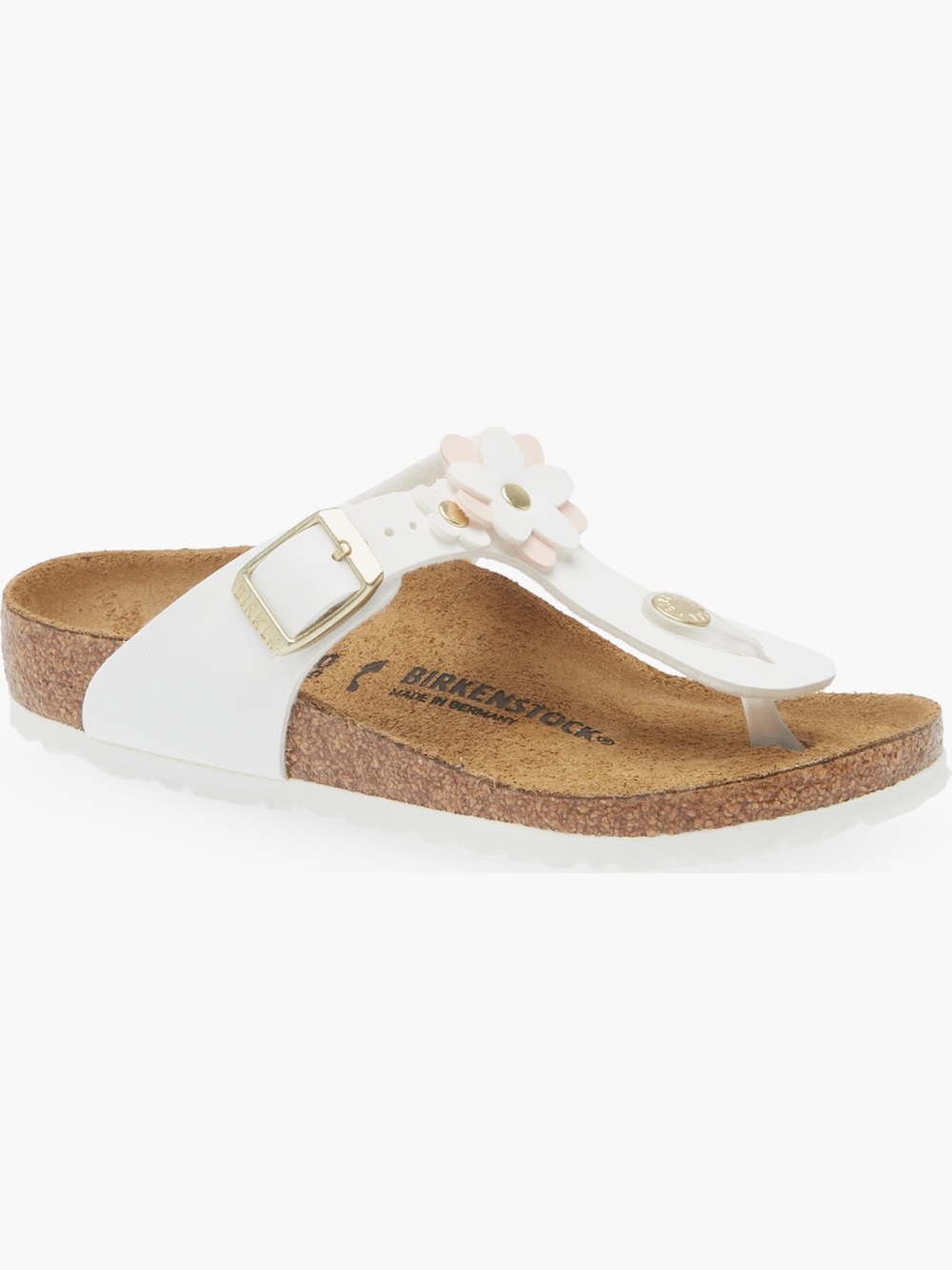 Birkenstock White Floral Gizeh Thong Sandal with Gold Buckle